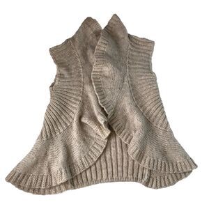 Promod Women’s Knit Vest Cardigan Beige Ruffle Open Front  Wool Alpaca Blend XS